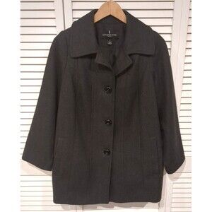 London Fog Wool Blend Pea Coat Womens L Gray 3 Button 90s Y2K Vtg Classic Staple